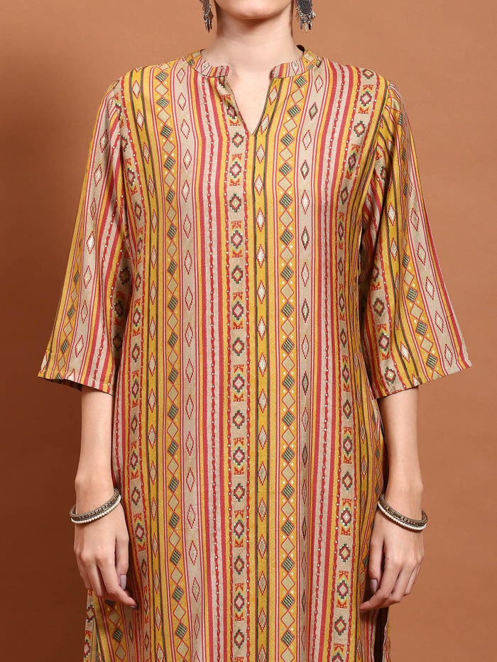 Women Mustard Aztec Print Kurta.