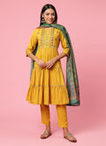 Women Mustard Embroidered Kurta Trouser Dupatta.