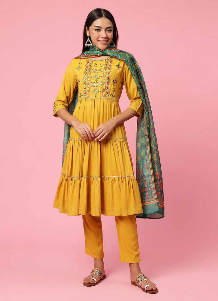 Women Mustard Embroidered Kurta Trouser Dupatta.