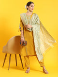 Women Mustard Embroidered Kurta Trouser Dupatta.