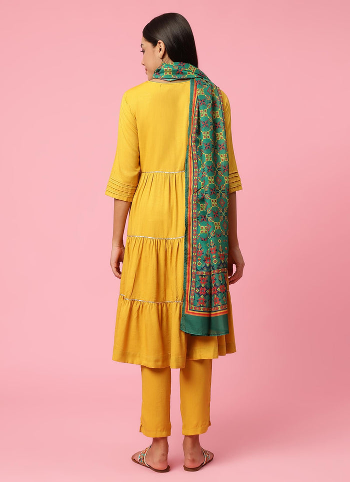 Women Mustard Embroidered Kurta Trouser Dupatta.