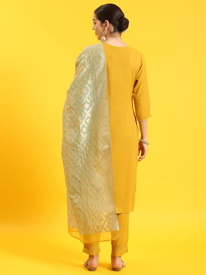 Women Mustard Embroidered Kurta Trouser Dupatta.