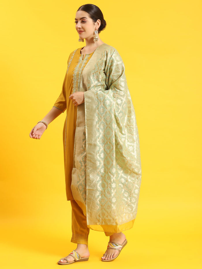 Women Mustard Embroidered Kurta Trouser Dupatta.