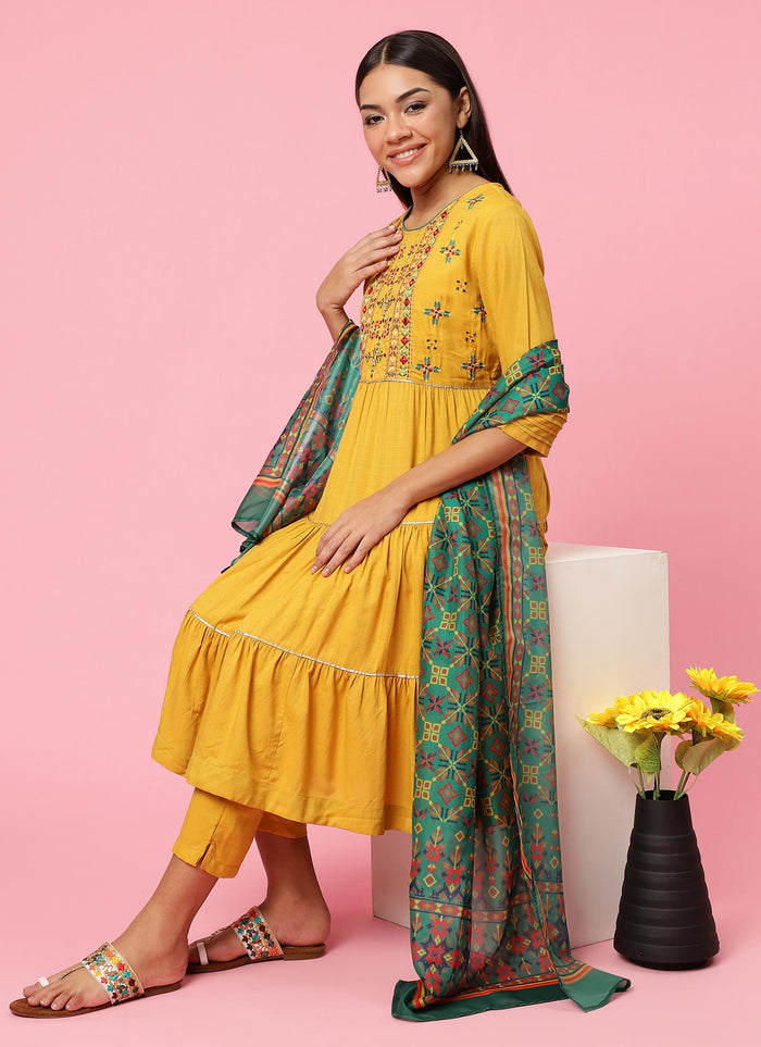 Women Mustard Embroidered Kurta Trouser Dupatta.