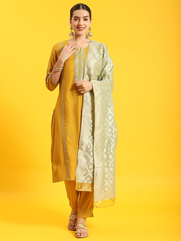 Women Mustard Embroidered Kurta Trouser Dupatta.