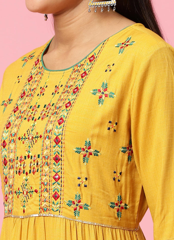 Women Mustard Embroidered Kurta Trouser Dupatta.