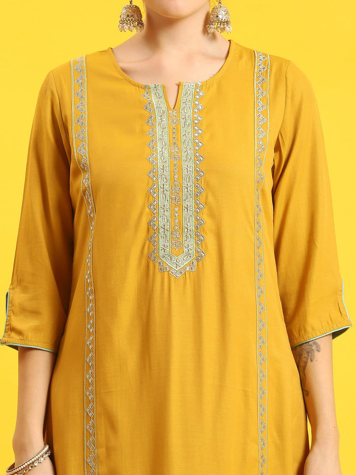 Women Mustard Embroidered Kurta Trouser Dupatta.