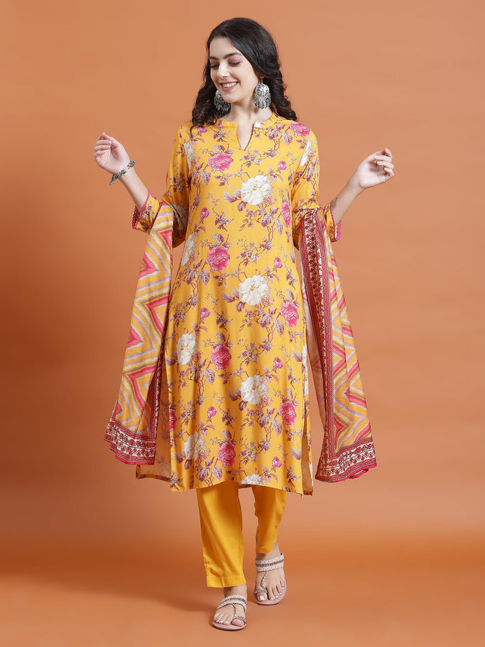 Women Mustard Floral Print Kurta Trouser Dupatta.