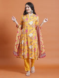 Women Mustard Floral Print Kurta Trouser Dupatta.