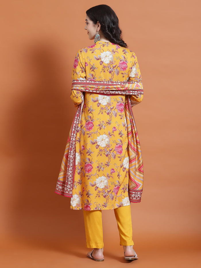 Women Mustard Floral Print Kurta Trouser Dupatta.