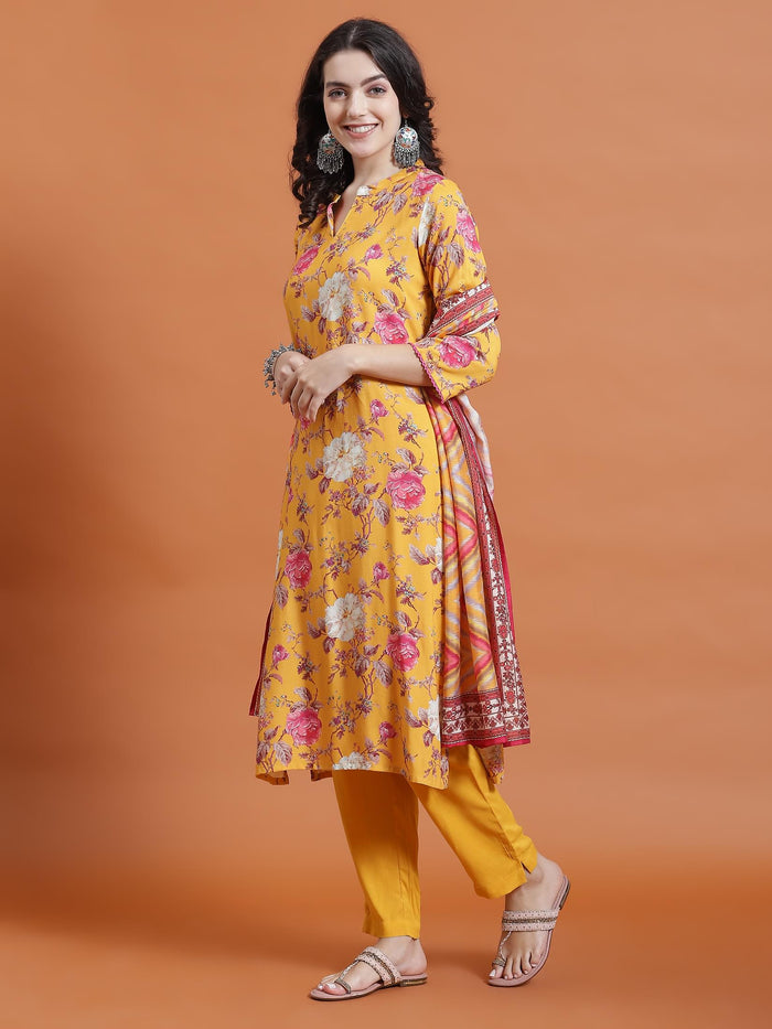 Women Mustard Floral Print Kurta Trouser Dupatta.
