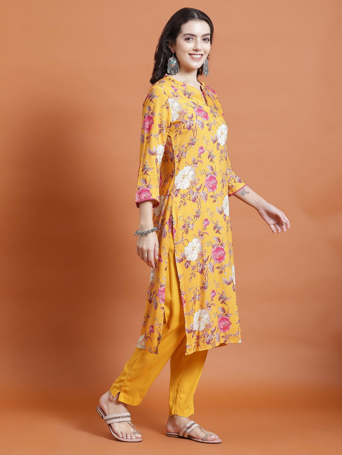 Women Mustard Floral Print Kurta Trouser Dupatta.