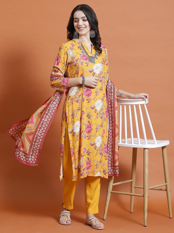 Women Mustard Floral Print Kurta Trouser Dupatta.