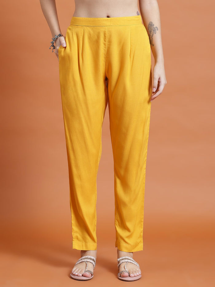 Women Mustard Floral Print Kurta Trouser Dupatta.