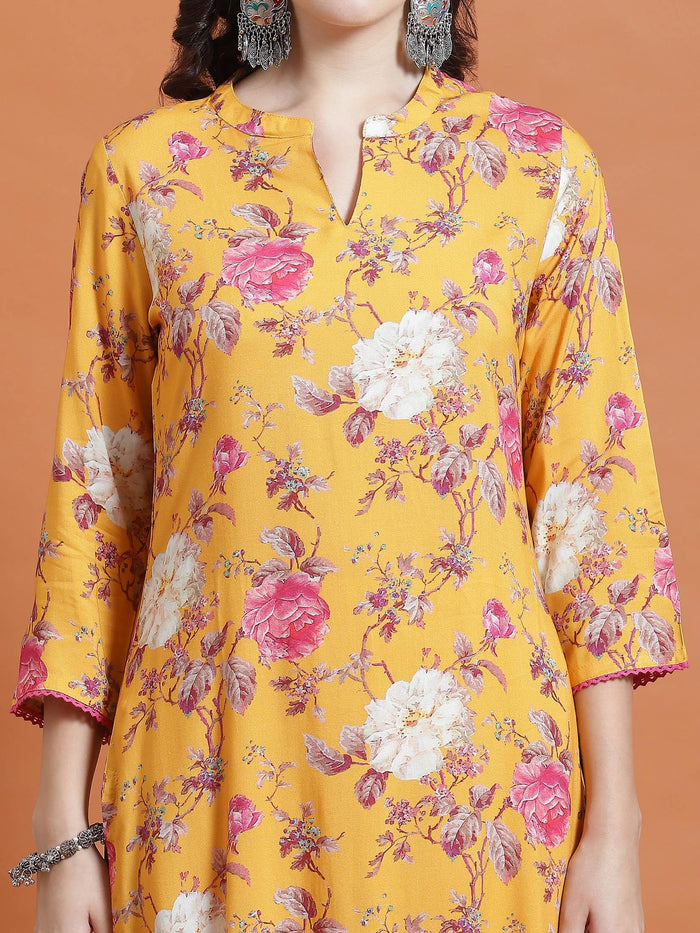 Women Mustard Floral Print Kurta Trouser Dupatta.