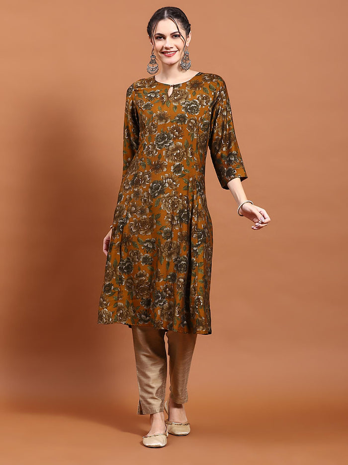 Women Mustard Floral Print Kurta.