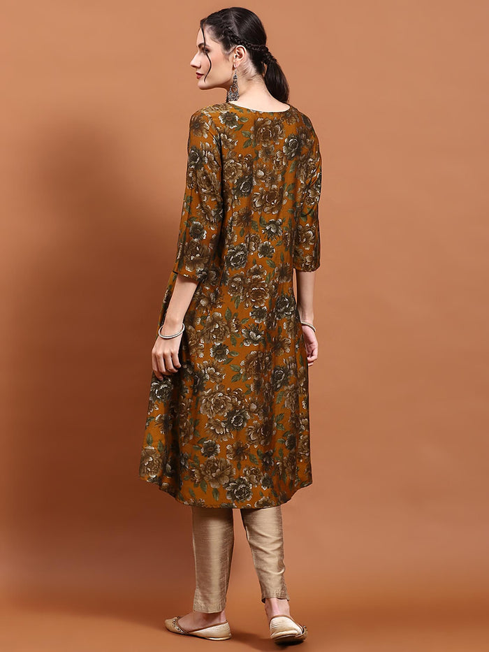 Women Mustard Floral Print Kurta.