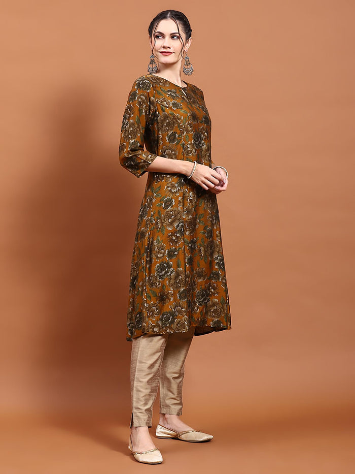Women Mustard Floral Print Kurta.