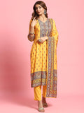 Women Mustard Floral Printed Kurta Trouser Dupatta.