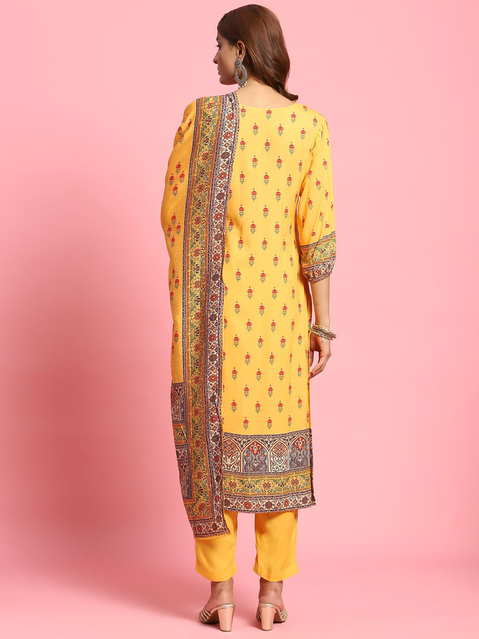 Women Mustard Floral Printed Kurta Trouser Dupatta.