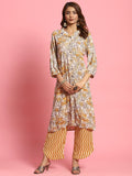 Women Mustard Floral Printed Kurta With Comfort Pant.