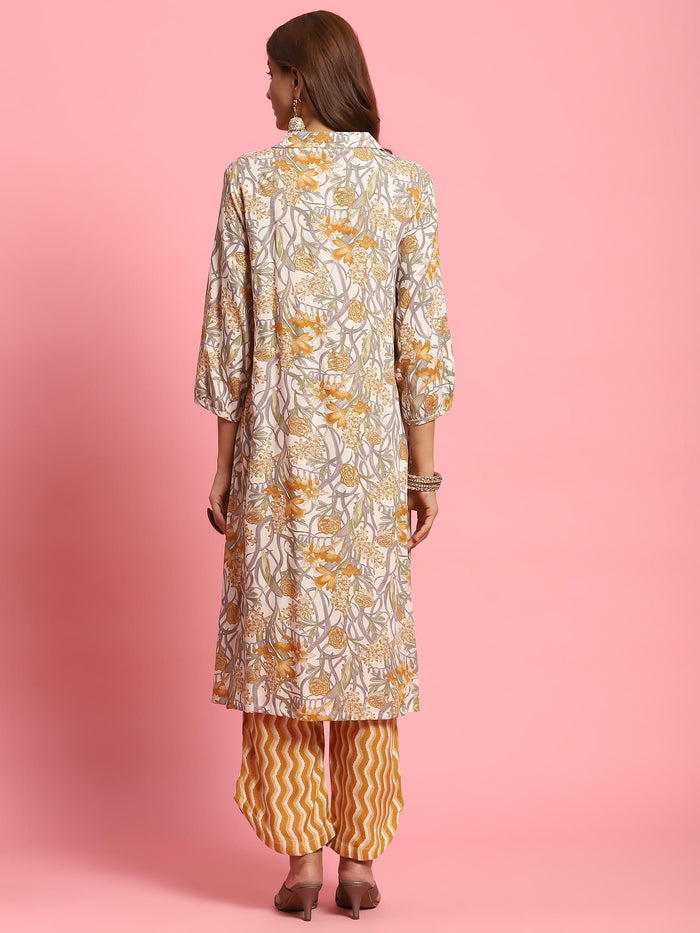 Women Mustard Floral Printed Kurta With Comfort Pant.