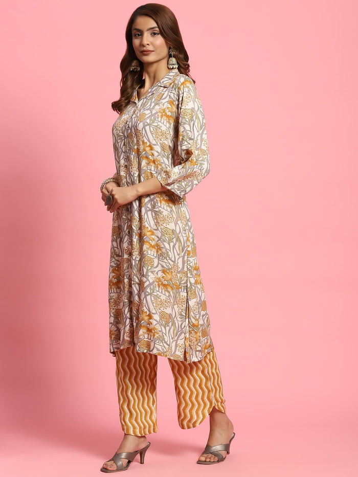 Women Mustard Floral Printed Kurta With Comfort Pant.
