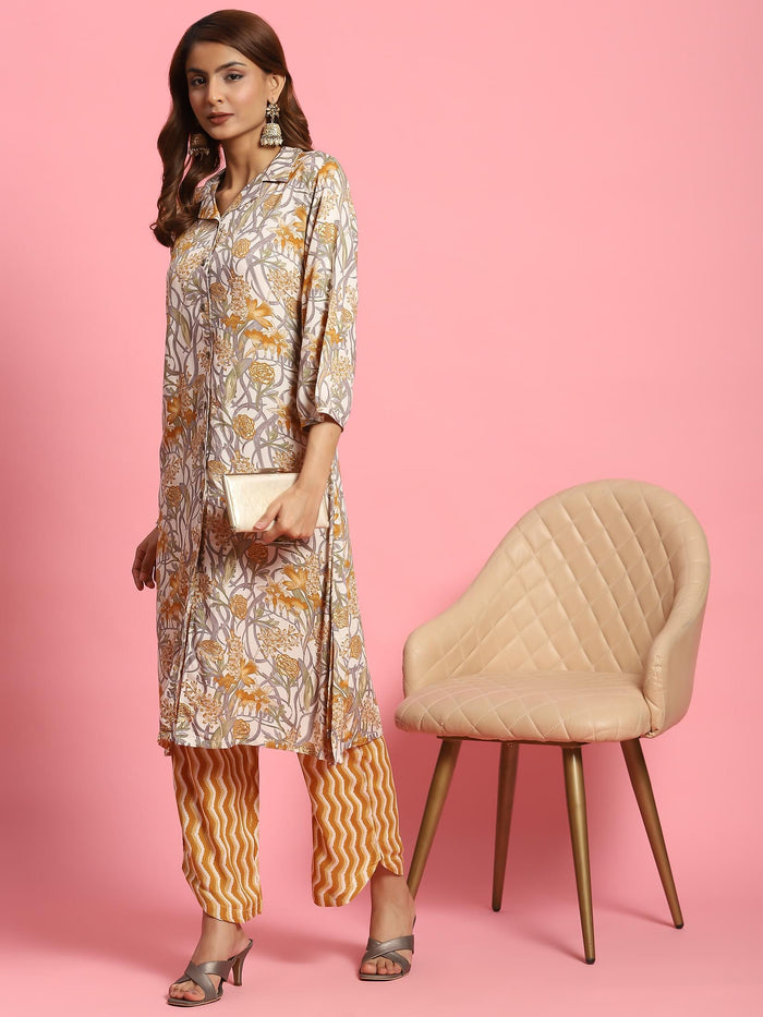 Women Mustard Floral Printed Kurta With Comfort Pant.