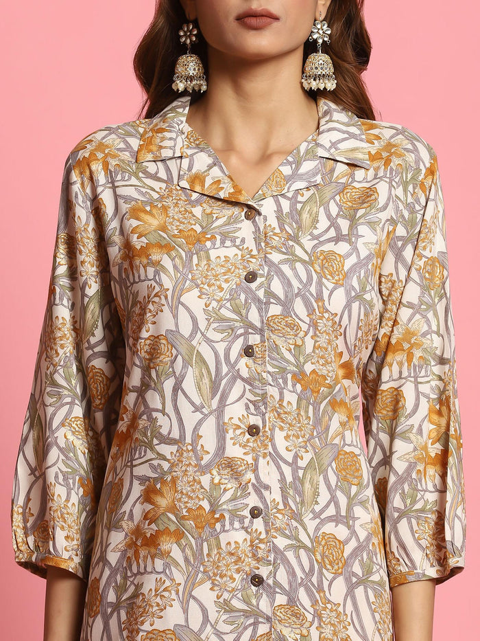 Women Mustard Floral Printed Kurta With Comfort Pant.