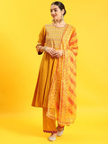 Women Mustard Geometric Print Kurta Comfort Pant Dupatta.