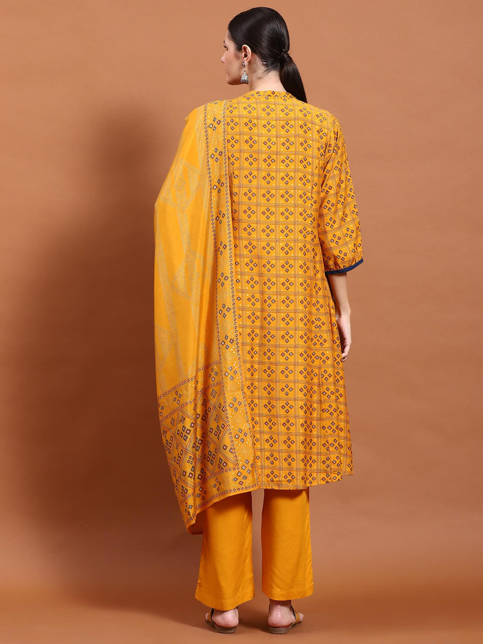 Women Mustard Geometric Print Kurta Comfort Pant Dupatta.
