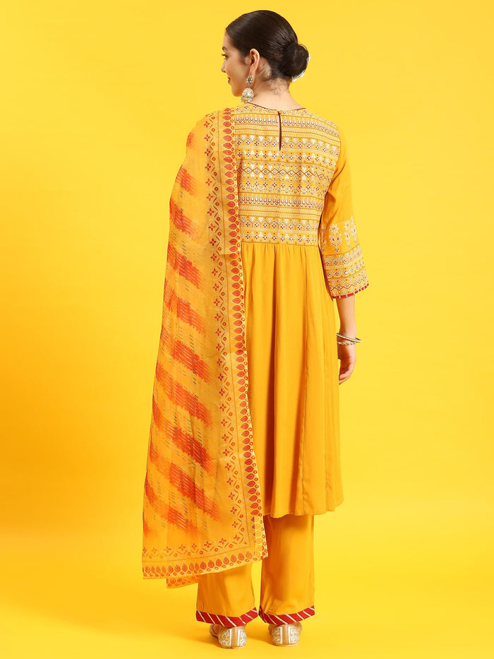 Women Mustard Geometric Print Kurta Comfort Pant Dupatta.