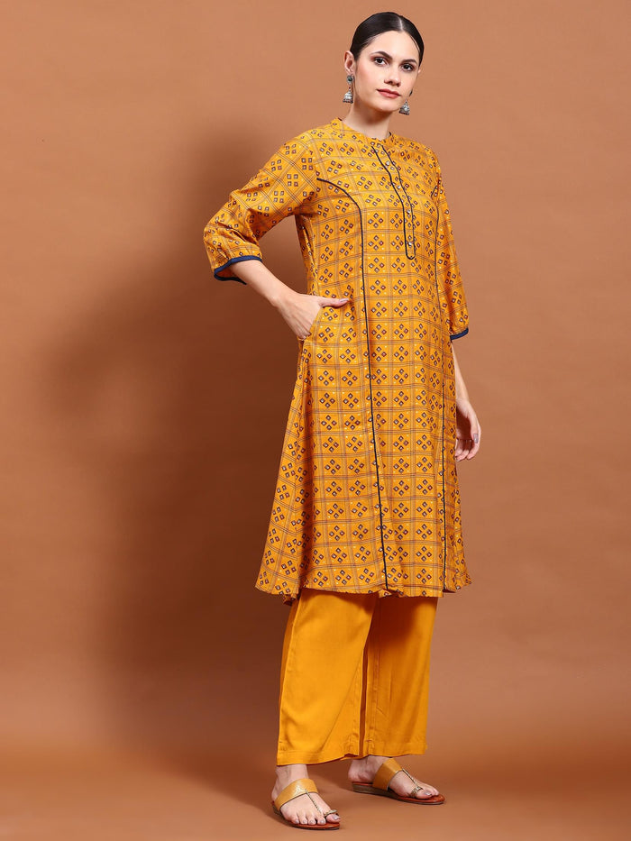 Women Mustard Geometric Print Kurta Comfort Pant Dupatta.