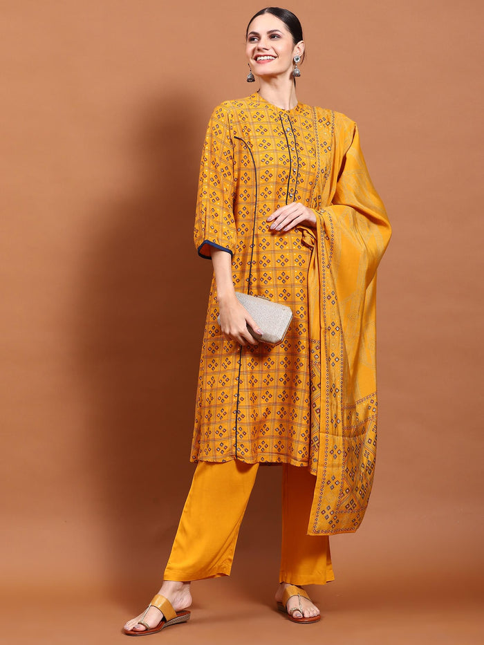 Women Mustard Geometric Print Kurta Comfort Pant Dupatta.