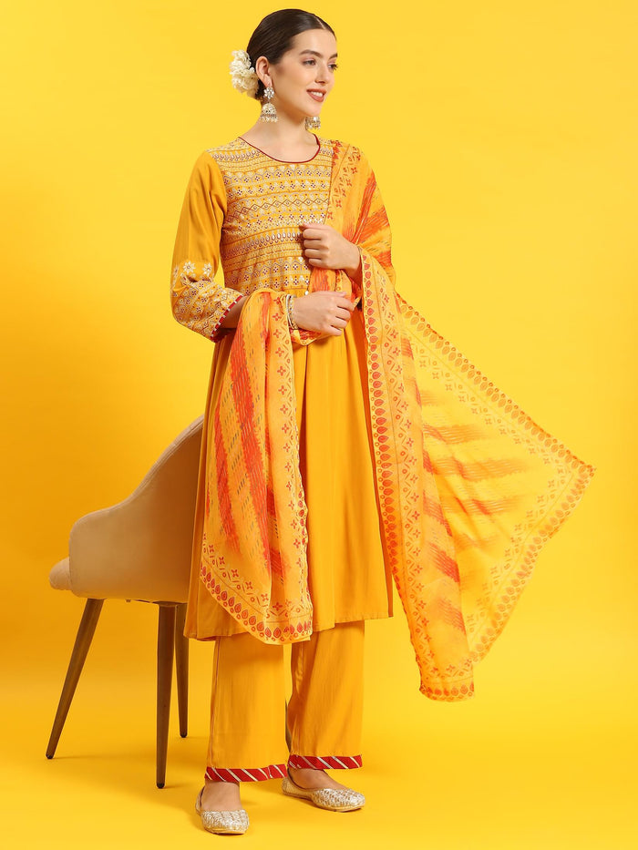 Women Mustard Geometric Print Kurta Comfort Pant Dupatta.