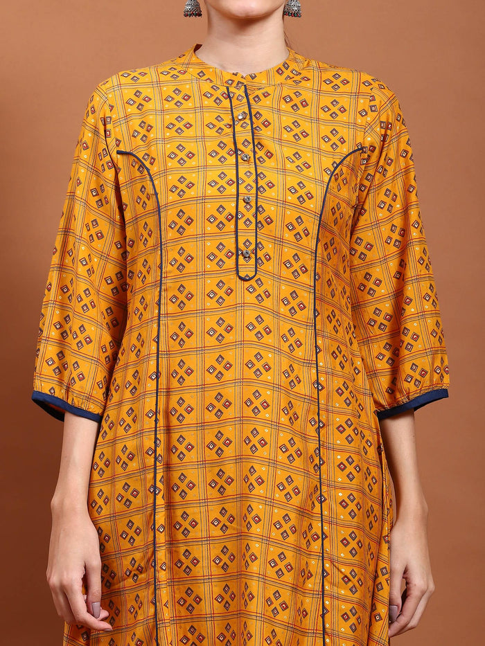 Women Mustard Geometric Print Kurta Comfort Pant Dupatta.