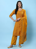 Women Mustard Geometric Printed Kurta Comfort Pant Dupatta.