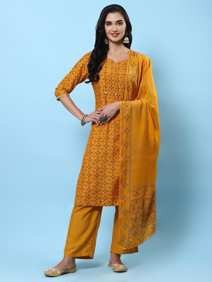 Women Mustard Geometric Printed Kurta Comfort Pant Dupatta.