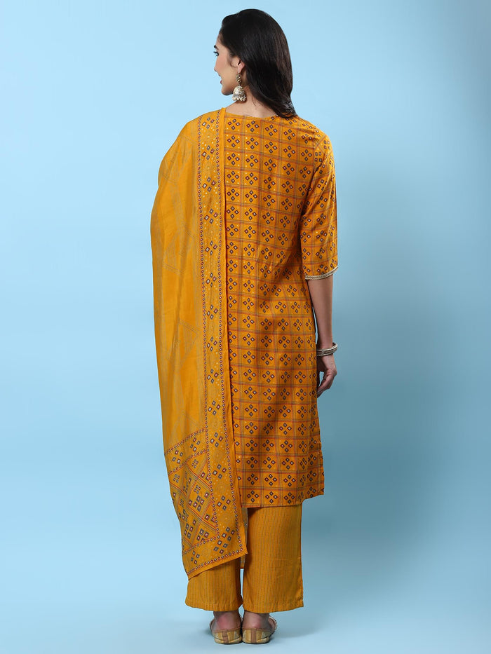 Women Mustard Geometric Printed Kurta Comfort Pant Dupatta.