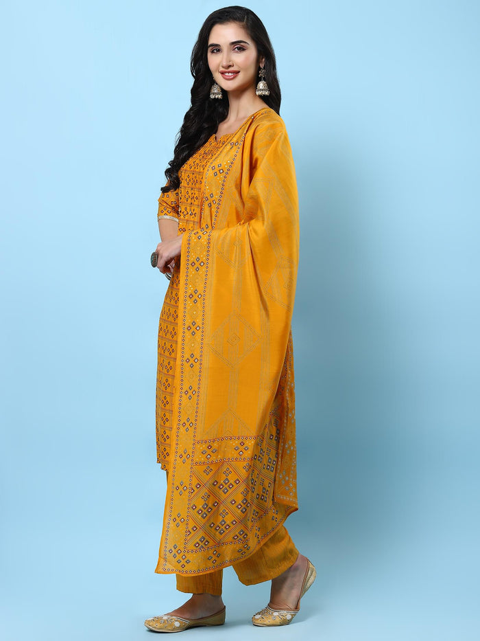 Women Mustard Geometric Printed Kurta Comfort Pant Dupatta.