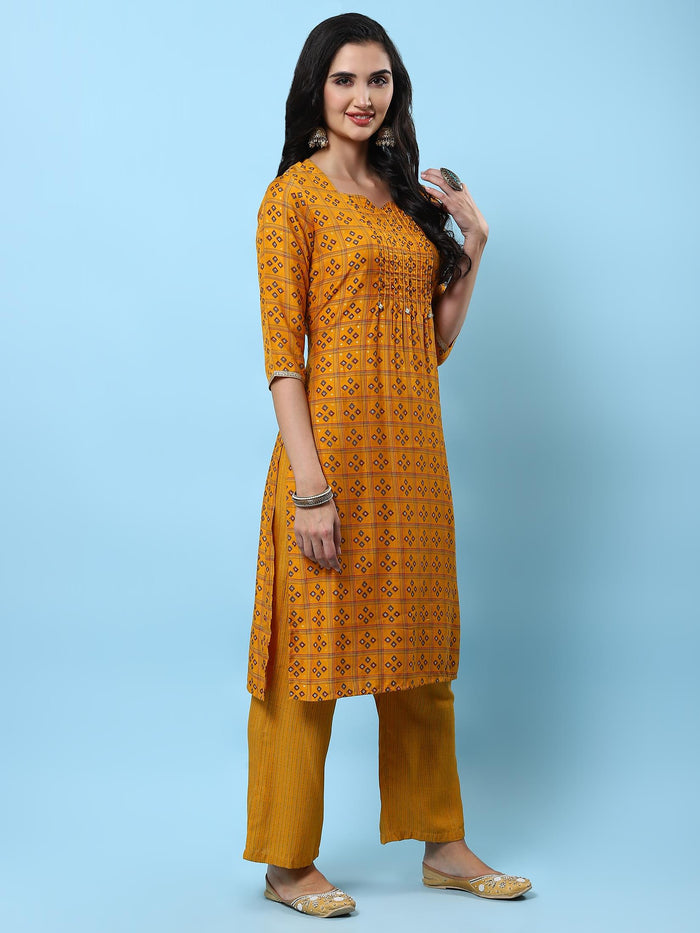 Women Mustard Geometric Printed Kurta Comfort Pant Dupatta.