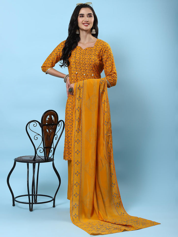 Women Mustard Geometric Printed Kurta Comfort Pant Dupatta.