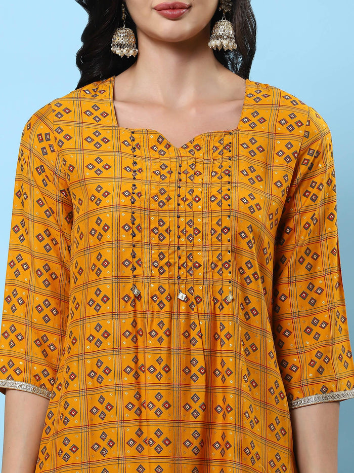 Women Mustard Geometric Printed Kurta Comfort Pant Dupatta.
