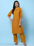 Women Mustard Geometric Printed Kurta With Comfort Pant.