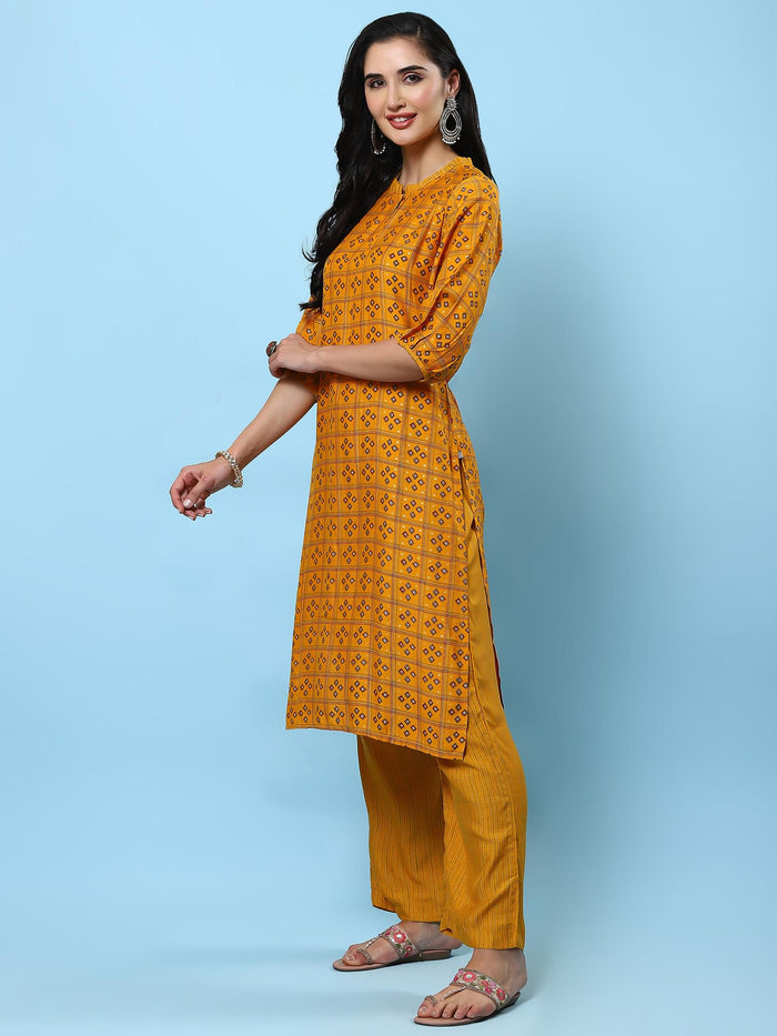Women Mustard Geometric Printed Kurta With Comfort Pant.