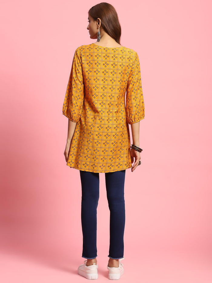 Women Mustard Geometric Printed Tunic.
