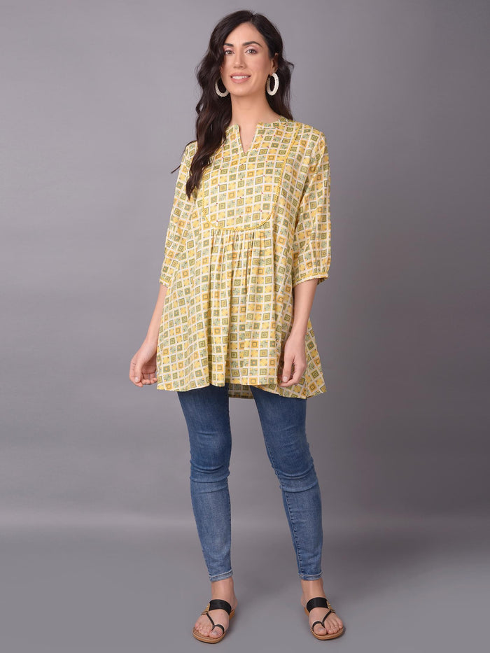Women Mustard Liva (Rayon) Geometric Printed Tunic.