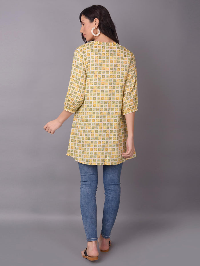 Women Mustard Liva (Rayon) Geometric Printed Tunic.