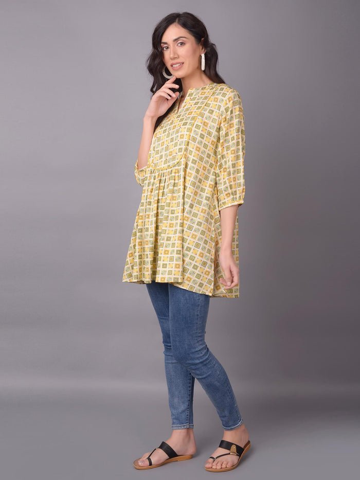 Women Mustard Liva (Rayon) Geometric Printed Tunic.