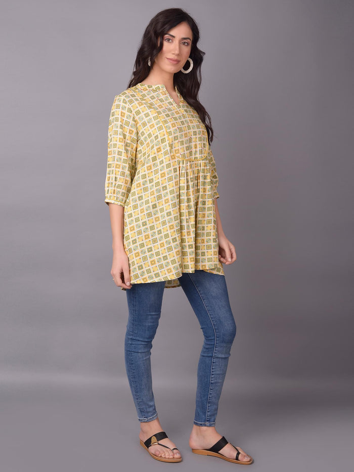Women Mustard Liva (Rayon) Geometric Printed Tunic.